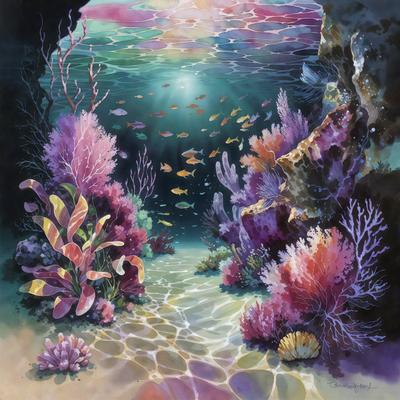 Primary subject: A vibrant underwater scene with a variety of colorful fish and coral.

Setting/background: The scene takes place in a coral reef, with a sunlight shining through the water.

Visual style: The image is a digital art or illustration, featuring a detailed and lively underwater environment.

Colors and mood: The colors are predominantly bright and warm, creating a lively and inviting atmosphere.